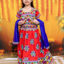 BownBee Girls Embroidered Mirror Work Ready to Wear Lehenga & Blouse With Dupatta image 1