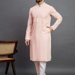 House of Pataudi Ethnic Motifs Yoke Design Mandarin Collar Sequinned Pure Cotton Kurta image 3