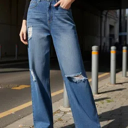 ZUMMER Women Straight Fit Mid-Rise Slash Knee Light Fade Jeans-image-53