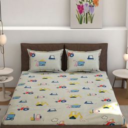 MOGNE FAB Beige & Blue Cartoon Characters Cotton 210 TC King Bedsheet Set 2.28 m x 2.54 m-picture-30