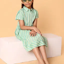 Indo Era Girls Striped Printed Cotton Fit & Flare Dress-image-2