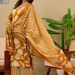 Angkor Floral Printed V-Neck Pure Cotton Kurta With Trousers & Dupatta image 4