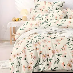 WEAVE AND DECOR Peach-Coloured & Green Floral 300 TC Queen Bedsheet with 2 Pillow Covers image 3