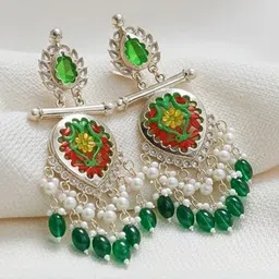 TESSARA Silver Plated Kundan Studded & Beaded Geometric Drop Earrings image 5