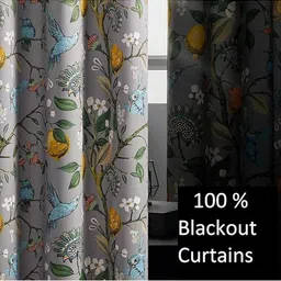 BFAM Grey & Yellow Floral Thermal Insulated 2 Pieces Window Black Out Eyelet Curtains image 2