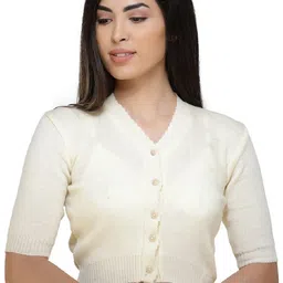 FEMULA Women Off-White V-Neck Three-Quarter Sleeves Ribbed Woolen Crop Top-picture-21