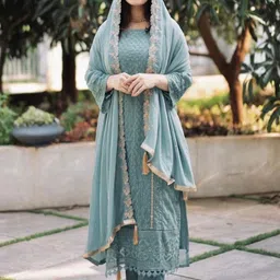 HERE&NOW Women Ethnic Motifs Embroidered Regular Thread Work Kurta with Trousers & With Dupatta-picture-18