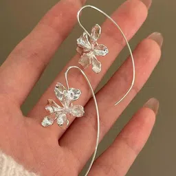 KRENOZ Silver-Plated Floral Textured Hook Design Drop Earrings image 4