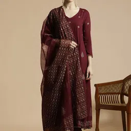 Anouk Maroon Floral Printed V-Neck Anarkali Kurta with Trousers & Dupatta image 1