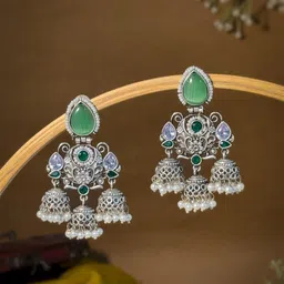 NAMAN ARTS Silver-Plated Artificial Stones And Beads Oxidised Contemporary Drop Earrings-image-22