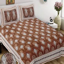 JEEVAT Brown & White Floral 210 TC King Bedsheet with 2 Pillow Covers-picture-37