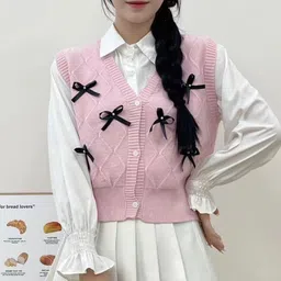 KPOP Women Self Design V-Neck Sleeveless Front-Open Sweater image 2