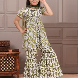Cutiekins Girls Floral Printed Round Neck Gotta Patti A-Line Kurta With Sharara & Dupatta image 4