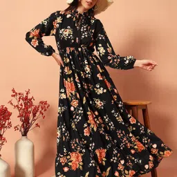 Raiyani Enterprise Women Printed Tie-Up Neck Fit & Flare Maxi Dress-image-35