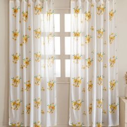 HOMEMONDE White & Yellow 2 Pieces Floral Printed Sheer Cotton Door Curtains-image-24