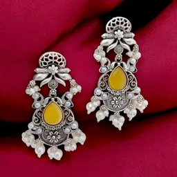 TISHUL JEWELS Silver-Plated Artificial Stones Studded & Beaded Oxidised Drop Earrings-picture-41