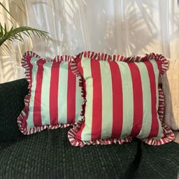 LUSHLYF Candy Cane Ruffle Green & Maroon Striped Cotton Square Cushion Cover image 5