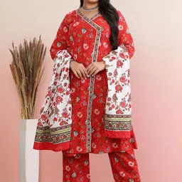 anayna Plus Size Floral Printed Angrakha Pure Cotton A-Line Kurta With Trousers & Dupatta-picture-27