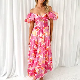 all about you Floral Printed Off-Shoulder Flutter Sleeve Maxi Dress-picture-10