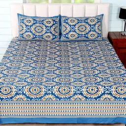 Soumya Navy Blue & Beige Ethnic Motifs 260 TC Queen Bedsheet with 2 Pillow Covers-image-28