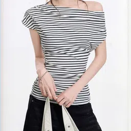 LULU & SKY Women Striped One Shoulder Top image 2