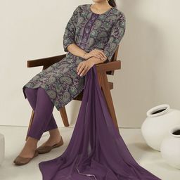 anouk rustic Anouk Violet Paisley Printed Thread Work Straight Kurta with Trousers & Dupatta-picture-49