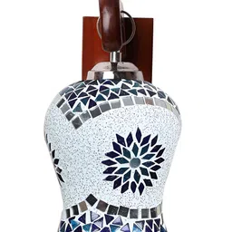 Devansh White & Blue Textured Bell Shaped Wooden Wall Lamp image 2