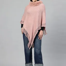 Pierre Carlo Ribbed Faux Fur Detail Longline Asymmetric Poncho-image-0