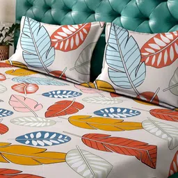 Arrabi Cream-Coloured & Orange Floral 300 TC King Bedsheet with 2 Pillow Covers image 2