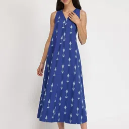 Pink Fort Women Blue Cotton Ikat Sleeveless A-Line Midi Dress-picture-22