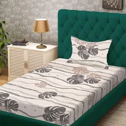 KLOTTHE Beige & Brown Floral Printed 300 TC Flat Single Bedsheet With Pillow Cover-picture-28