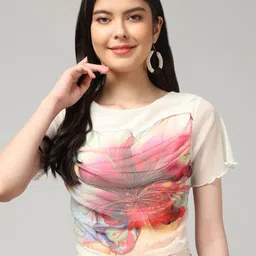 clobug Women Graphic Printed Flared Sleeve Fitted Crop Top image 5