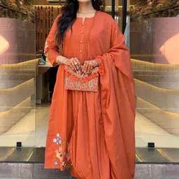 DIVASTRI Women Floral Embroidered Pleated Thread Work Kurta with Trousers & With Dupatta-picture-11