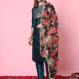 Anouk Rustic Women Floral Embroidered Regular Thread Work Pure Cotton Kurta with Trousers & With Dupatta-picture-2
