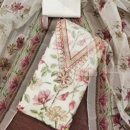 HERE&NOW Floral Embroidered Beads And Stones Organza Unstitched Dress Material-image-50