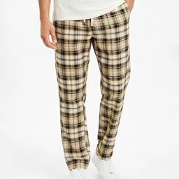 Men Straight Fit Yellow Pure Cotton Trousers-image-0