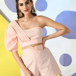 fuchsia PRETTY LOVING THING One-Shoulder Pure Cotton Pleated Top & Shorts Co-Ord Set image 1