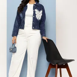 CORSICA Women Navy Blue Cotton Denim Jacket-image-4