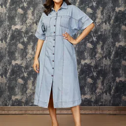 Komarri U Shirt Collar Short Sleeves Shirt Midi Dress-image-26