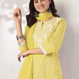 KALINI Women Floral Embroidered Regular Thread Work Pure Cotton Kurta with Trousers & With Dupatta image 3