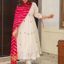 KHANJAN FASHION Women Ethnic Motifs Embroidered Panelled Thread Work Kurta with Trousers & With Dupatta image 3