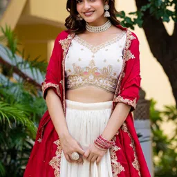 JIHU CULTURE Embroidered Thread Work Semi-Stitched Lehenga & Blouse With Dupatta image 3