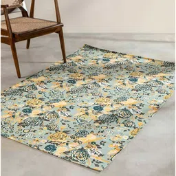 FREEDOM TREE Damask Rose Blue & Yellow Floral Printed Cotton Dhurrie-picture-39