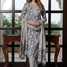Jaitpuriya Women Floral Printed Sequinned Pure Cotton Kurta with Trousers & Dupatta-image-91