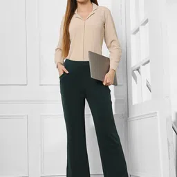 FITHUB Women Solid High-Rise Bootcut Trousers image 5