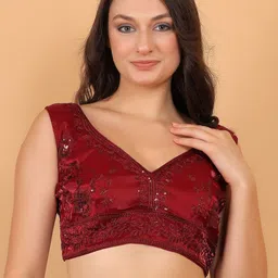 Trendzmy Embroidered Silk V-Neck Sleeveless Saree Blouse-image-7