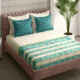 Portico Neeta Lulla Green & Off White Floral 210 TC Cotton Bedsheet Set 2.74 m X 2.74 m-picture-35