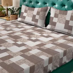 Klotthe Brown Geometric 400 TC Pure Cotton Fitted Double Bedsheet with 2 Pillow Covers image 2