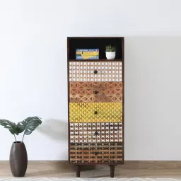 bohemiana from pepperfry Graham Solid Wood Chest Of Drawers In Provincial Teak Finish with Screen Print image 1