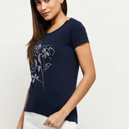 max Women Printed Round Neck Pure Cotton Blue T-Shirt image 3